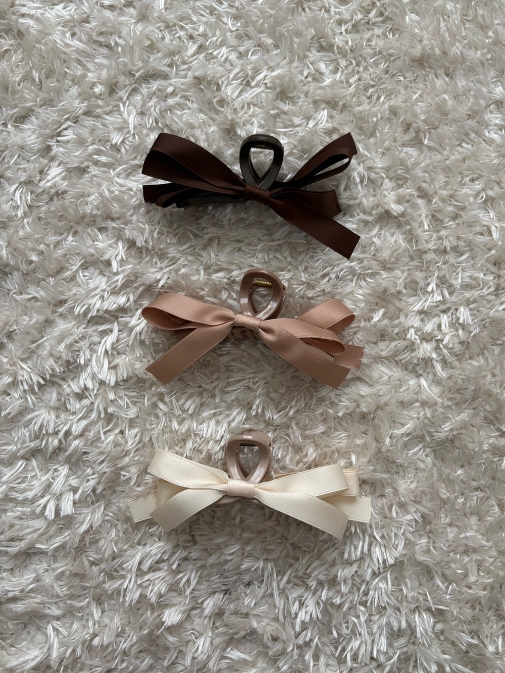 Trio of Satin Bow Hair Claw Clips in Brown Chocolate, Taupe, Ivory Cream